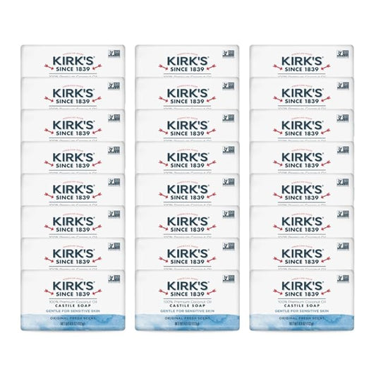 Kirk's Castile Bar Soap for Men, Women, & Children - Made with Premium Coconut Oil, Sensitive Skin Formula, Vegan, Non GMO, Original Fresh Scent, 4 oz. Bars, 24 Pack