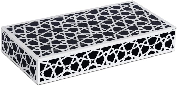 Handicrafts Home Large Decorative Storage Box with Lid, Black and White Moroccan Zellij Coffee Table Storage Box, Remote Control Holder, Keepsake Box for Living Room & Shelf Decor, Zellij 12 x 6 x 2