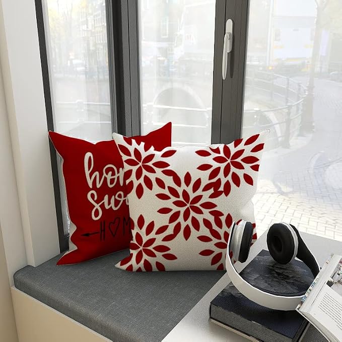 YCOLL Christmas Red Linen Pillow Covers 18x18 Set of 4, Home Sweet Home Farmhouse Throw Pillow Covers, Holiday Decorative Cushion Covers for Sofa Couch Bed, Winter Rustic Xmas Home Decor