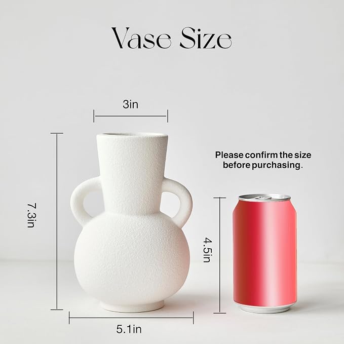 7 Inch White Ceramic Vase with 2 Handles, Modern Flower Vase Decorative Vases for Bouquet, Unique Vases for Home Decor Farmhouse Living Room Table Centerpieces Wedding Decorations