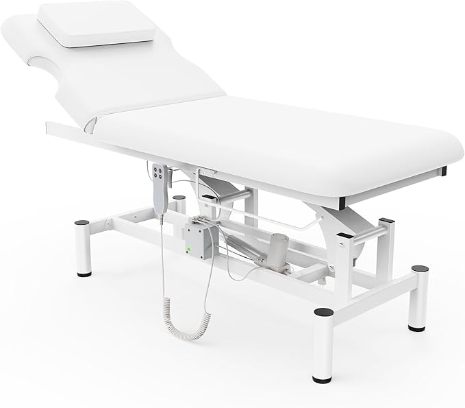 Professional Electric Massage Table, 2 Motors Hydraulic Electric Lift Adjustable Backrest and Height Lifting Functions for Treatment/Physical Therapy/Spinal Massage/Facial Spa/Waxing/Tattooing - White