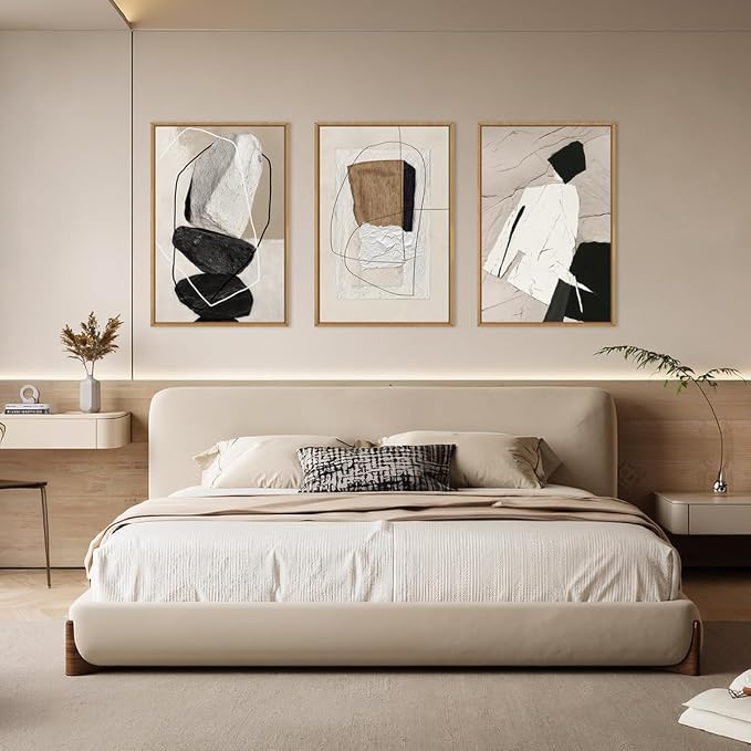 ANHUIB Large Neutral Abstract Wall Art Canvas,Black Beige Artwork, Modern Textured Framed Wall Art, Minimalist Geometric Painting,16x24 Inches Set of 3 for Living Room Bedroom