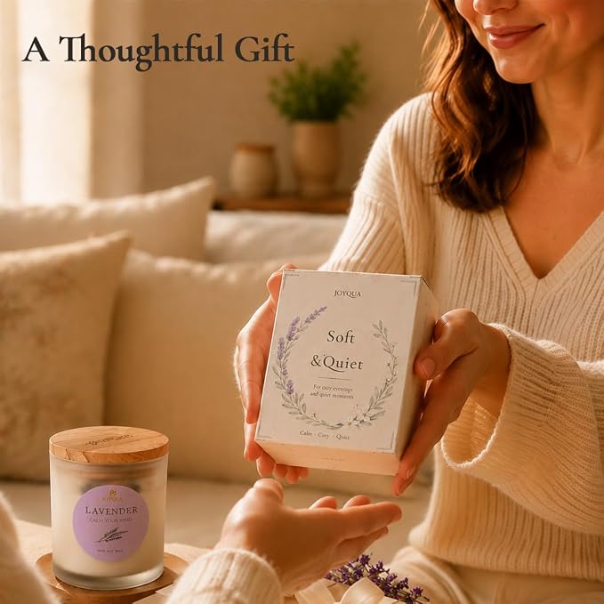 Meditation Candle Gift, 9 oz Lavender Crystal Candle, Wood Lid