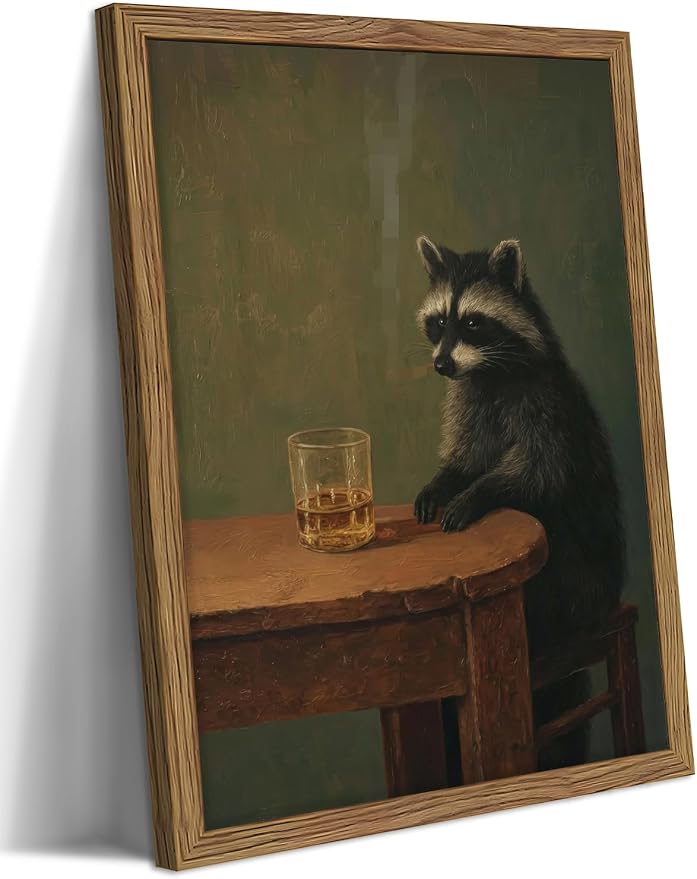 Framed Vintage Raccoon Wall Art, Funny Animal Canvas Wall Decor Paintings, Dark Moody Whimsical Artwork Poster Print Picture for Bar Bathroom Bedroom Living Room 12x16 Inch