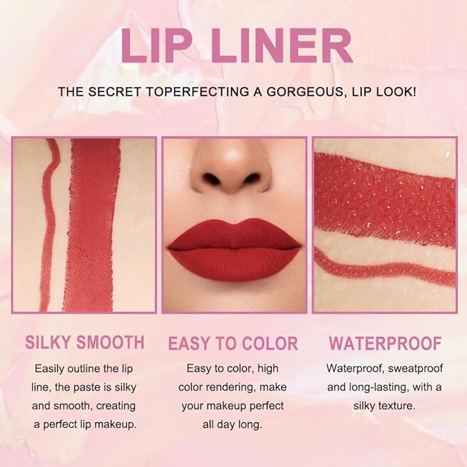 Kaely 2-in-1 Red Lip Liner & Lipstick Set Kit for Women, Matte Lips Kit with Lip Liner Lip Stains Long Lasting Waterproof 24 Hour Lipstick and Lip Liners Combo Lipliners Pencil Set 01