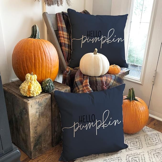 RABUSOFA Fall Pillow Covers 18x18 Inch Dark Blue Thanksgiving Autumn Hello Pumpkin Quote Harvest Outdoor Throw Cushion Cases Seasonal Fall Decorations for Home Couch