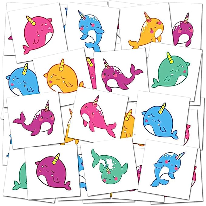 ArtCreativity Narwhal Individual Temporary Tattoos for Kids - Bulk Pack of 144 Non-Toxic 2 Inch Pre-Cut Ocean Animal Tattoos, Narwhal Birthday Party Favors and Goodie Bag Fillers for Girls and Boys