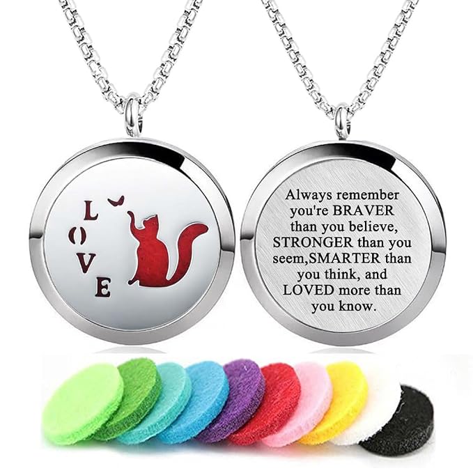 Aromatherapy Essential Oil Diffuser Necklace Stainless Steel lnspirational Locket Pendant（Love Cat）