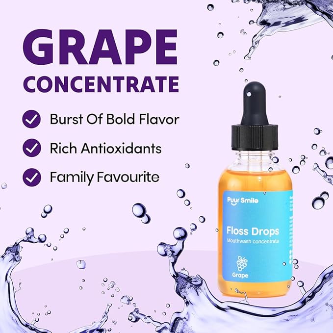 Puur Smile Concentrated Floss Drop Serum – 2oz Concentrated Mouth Wash to Use in Water Flosser | Natural Essentials Promotes Good Breath | Organic Drop Provides Good Oral Health (Grape Flavor)