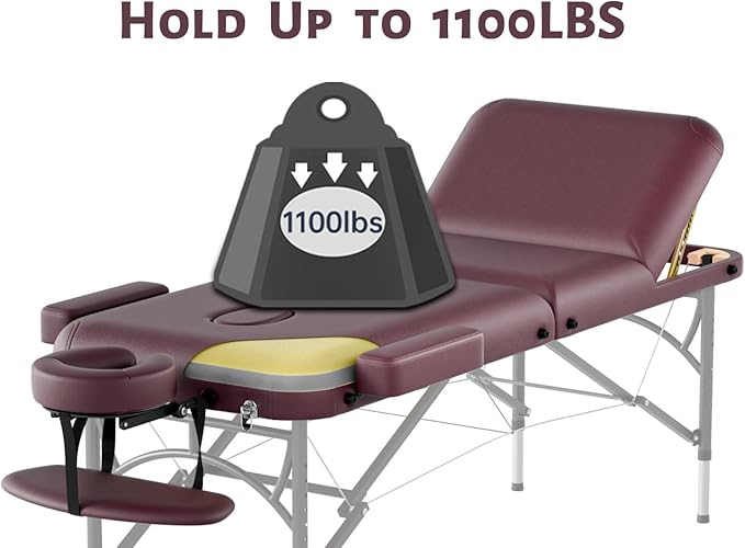 Professional Massage Table Portable 3 Fold Premium Memory Foam Aluminium Leg Hold Up to 1100LBS 8 Heights Adjustable with Carrying Bag Burgundy