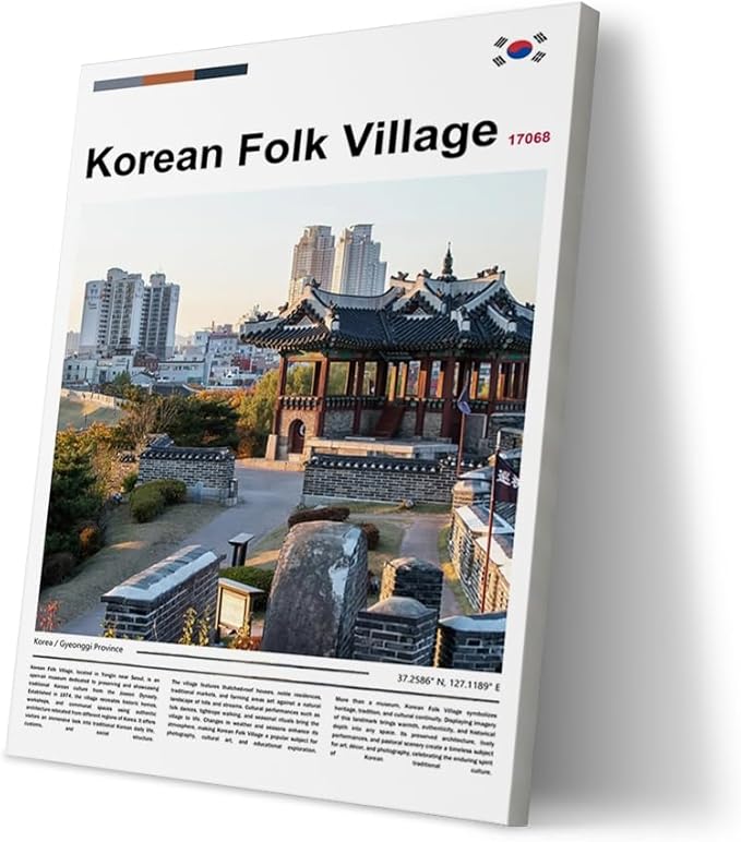 Poster Korean Folk Village Wall Art Original Design(30"x20" Golden Frame) Joseon Dynasty Architecture Print South Korea Travel Landmark Gyeonggi Cultural Heritage Ancient Palace Zen Scenery Picture