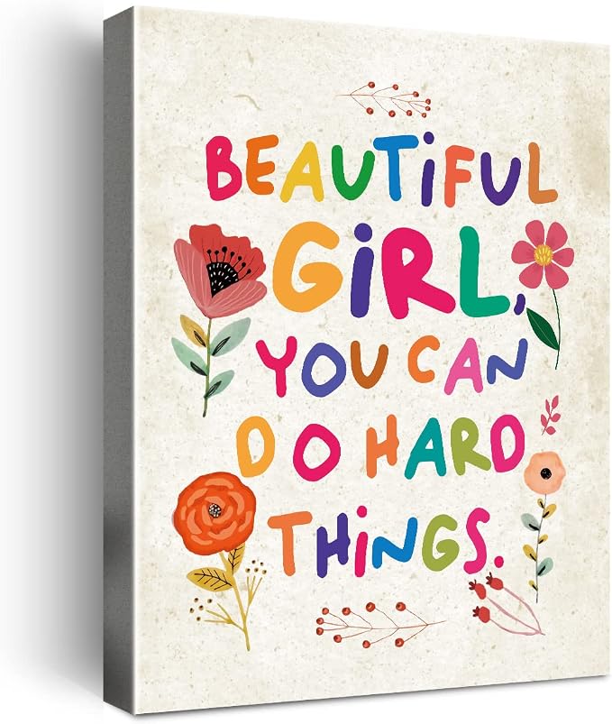 Beautiful Girl You Can Do Hard Things Wall Art Canvas Framed,Inspirationa Wall Decor for Girls,Teen Girl Room Bedroom Wall Decor
