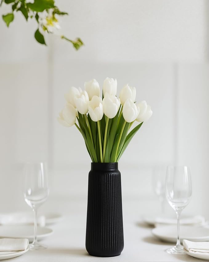 Black Ceramic Vase, 8 Inch Conical Flower Vase for Pampas Grass, Modern Minimalist Ribbed Decorative Vase for Living Room Table, Shelf Decor