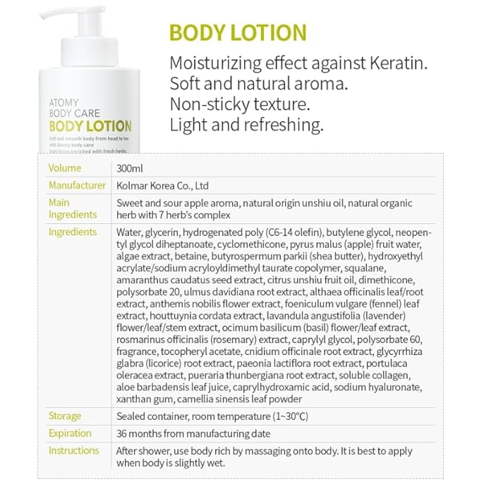Korean Body Care Body Lotion (300ml 10.1 fl oz.) Non-Sticky Texture, Light and Refreshing