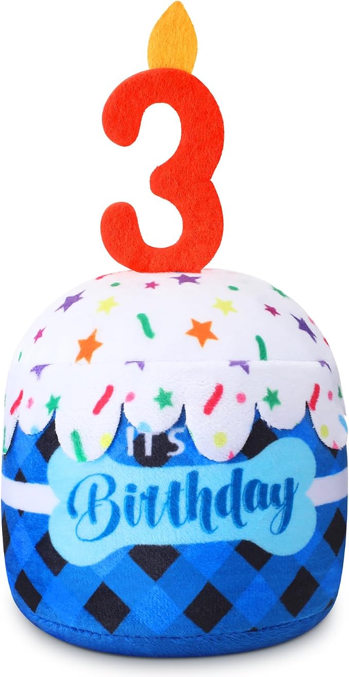 Dansydaisy Dog Birthday Cake Toy Squeaky Plush Gift,3rd,Blue Grid