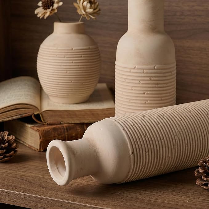 Rustic Farmhouse Vase Set of 3 - Ceramic Decorative Vintage Vases Home Decor - Pampas Grass Dried Fresh Flowers - for Centerpiece, Coffee Table, Mantel Entryway, Living Room, Bedroom (Retro 2)
