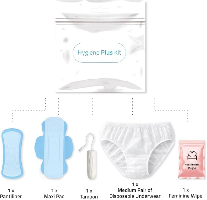Hygiene Plus Period Kit with Disposable Underwear (Medium) – Menstrual Kit with Tampon, Pad & Pantyliner – Feminine Hygiene Kit for Girls, Teens & Women (White)