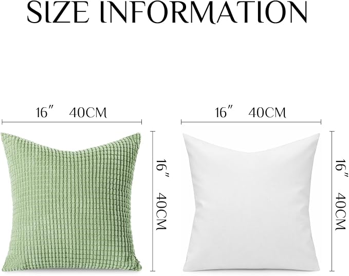 Softalker Corduroy Decorative Throw Pillow Covers 16x16, 2 Pack, Sage Green | Soft Boho Striped Pillow Cases, Couch Fluffy Cushion Covers for Farmhouse Home Decor Bed Living Room
