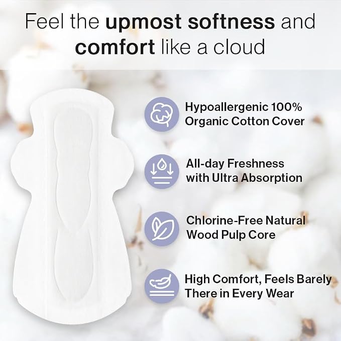 SANDIS Feminine Pad for Women - Large 48 Count 100% Organic Cotton Ultra Thin with Wings for Periods Menstrual Pads Sanitary Napkins Super Absorbency Leak Protection