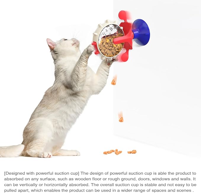 Interactive Cat Slow Feeder, Rotating Durable Dog Puzzle Toy, Mental Stimulation Treat Dispenser with Powerful Suction Cups for Cats and Dogs (Red Blue)