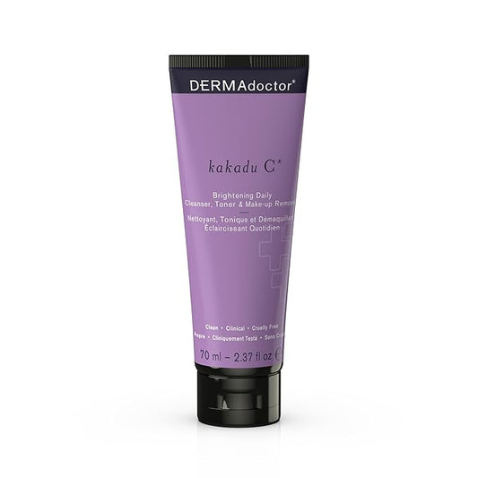 DERMAdoctor Kakadu C Dermatologist Formulated Vitamin C Brightening Daily 3 in 1, Exfoliating Face Wash, Toner, Make up Remover, Hydrating Facial Cleanser for Uneven, Dull Skin, Travel Size - 2.37 oz