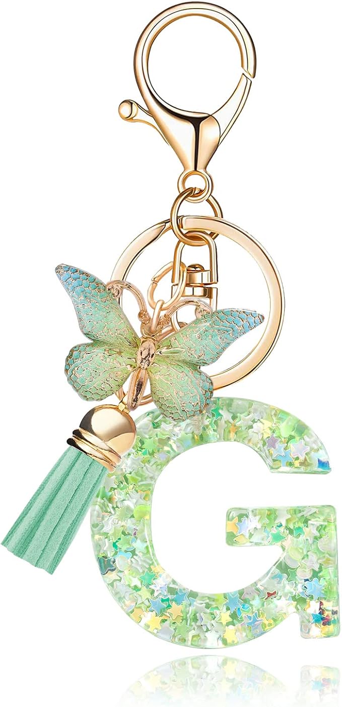 Fashion Alphabet Initial Letter Keychain Tassel Butterfly Pendant Key Ring for Purse Handbags Women Girl