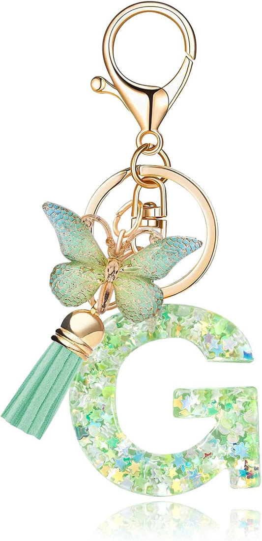 Fashion Alphabet Initial Letter Keychain Tassel Butterfly Pendant Key Ring for Purse Handbags Women Girl