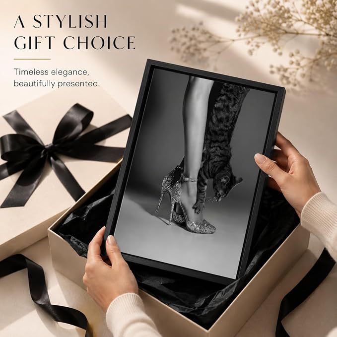 Framed Black and White Fashion Canvas Wall Art Trendy Women High Heels Cat Picture Wall Decor Luxury Feminist Poster Print for Girl Bedroom Dorm Party Bar Cart Home Decoration 16x24in