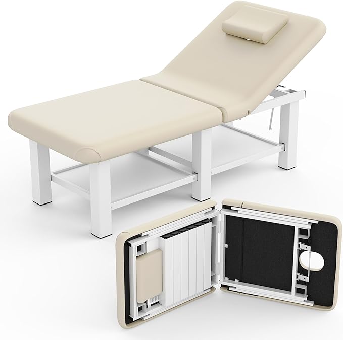 pouseayar Stationary Massage Table Folding Bed with Backrest for Treatment Table Physical Therapy Table Spa Facial Bed, Metal Frame PU Leather, 30.5'' Wide × 75'' Long - Beige Gray