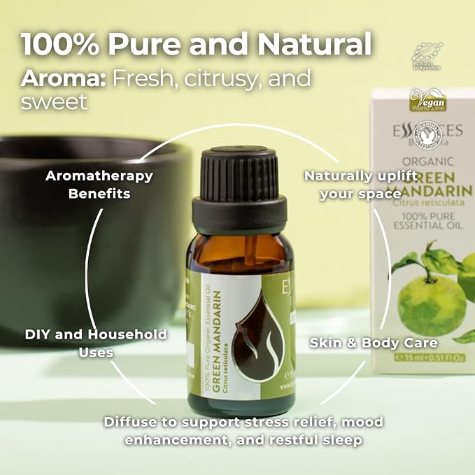 Essences Bulgaria Organic Green Mandarin Essential Oil 0.51 Fl Oz 15ml Citrus reticulata - 100% Pure and Natural Undiluted Therapeutic Grade Aromatherapy Diffuser Humidifier Candle Making Body Oil