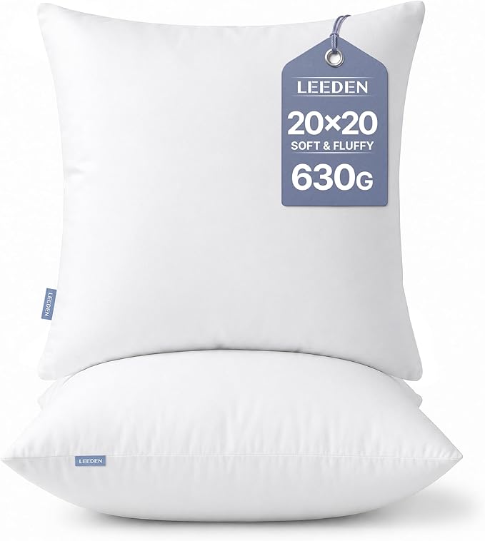 Leeden 20x20 Pillow Inserts, 20 Inch Decorative Throw Pillow Inserts, Soft Fluffy Square Throw Pillows for Couch, Sofa, Bed, and Home Decor White Cushion Pack of 2