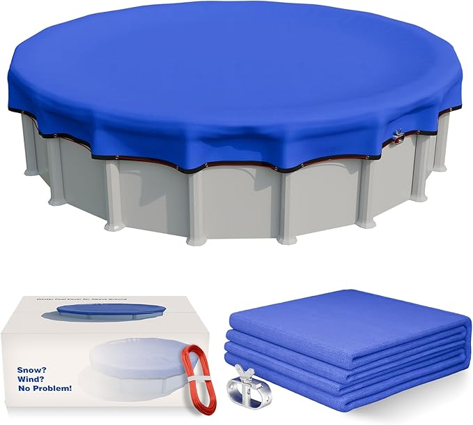 [Upgrade] 18ft/21ft/24ft Pool Cover for Above Ground Pools, 21 Feet Winter Round Swimming Pool Cover with 4 Foot Overlap Extra Thick 500D Cable & Heavy-Duty Winch 21 Foot Round Pool Covers
