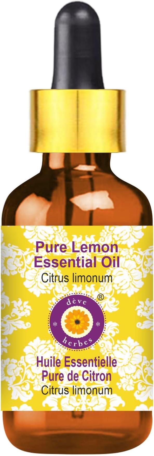 Deve Herbes Pure Lemon Essential Oil (Citrus limonum) with Glass Dropper Steam Distilled 30ml (1 oz)