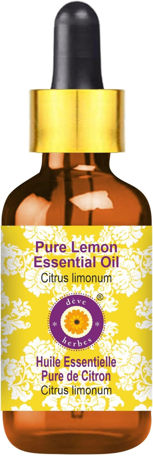 Deve Herbes Pure Lemon Essential Oil (Citrus limonum) with Glass Dropper Steam Distilled 30ml (1 oz)