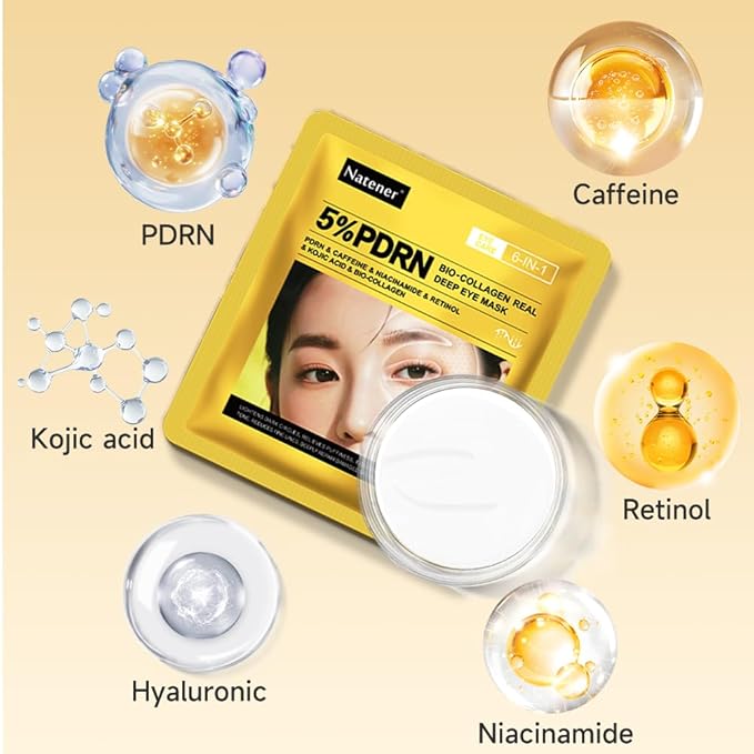 8 Pairs 5% PDRN Under Eye Patches, 6-in-1 Bio-Collagen 360° Eye Patches for puffy eyes, dark circles & Wrinkle | 2% Caffeine, Kojic acid, Retinol, Hyaluronic, Niacinamide | Korean Eye Care