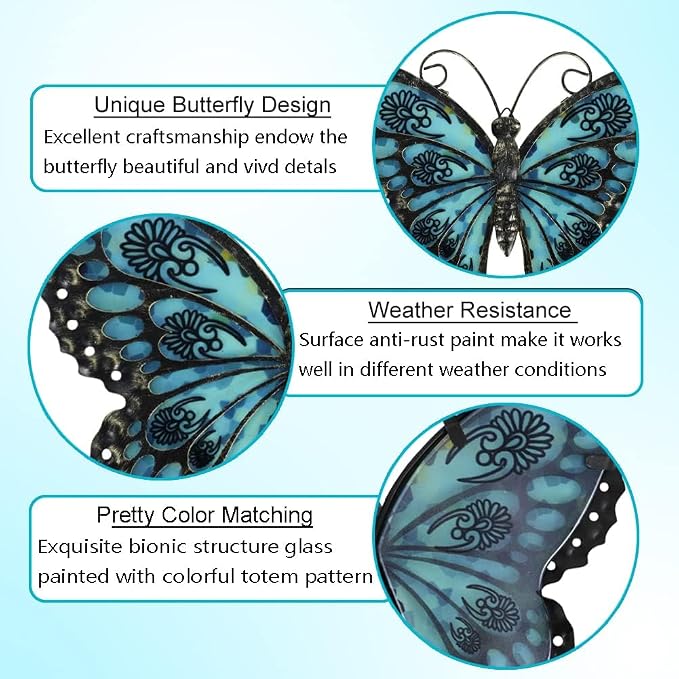 LIFFY Metal Butterfly Wall Decor Glass Outdoor Wall Art Sculptures 12" Hanging Garden Decorations Indoor Home Decorative Ornaments for Patio Yard Fence Bedroom Living Room
