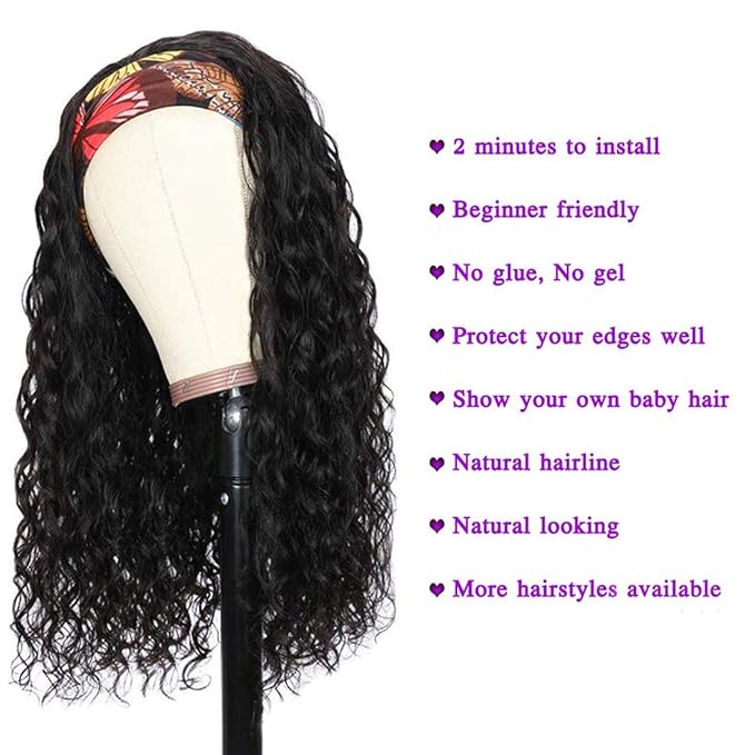Human Hair Headband Wig Water Wave Human Hair Wigs for Black Women Brazilian Virgin Hair Glueless None Lace Front Wigs 150% Density (16" Headband wigs)
