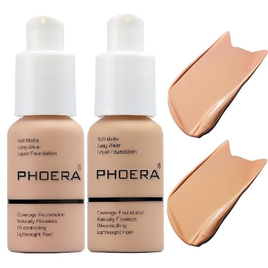 2 Pack Meifen Foundation 103# Warm Peach and 104# Buff Beige,Full Coverage Flawless Soft Matte 24 HR Oil Control Waterproof Concealer Liquid Foundation Makeup. ﻿
