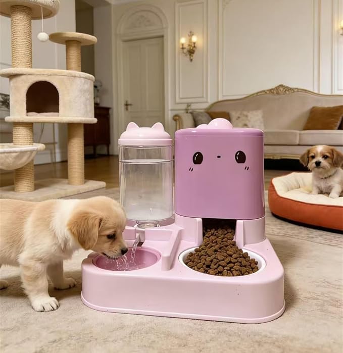 Pet Automatic Feeder Cat Dog Feeding Bowl Food Water Dispenser with Refillable Storage Container Large Capacity Rabbit Feeder Watering Bowls (Pink)