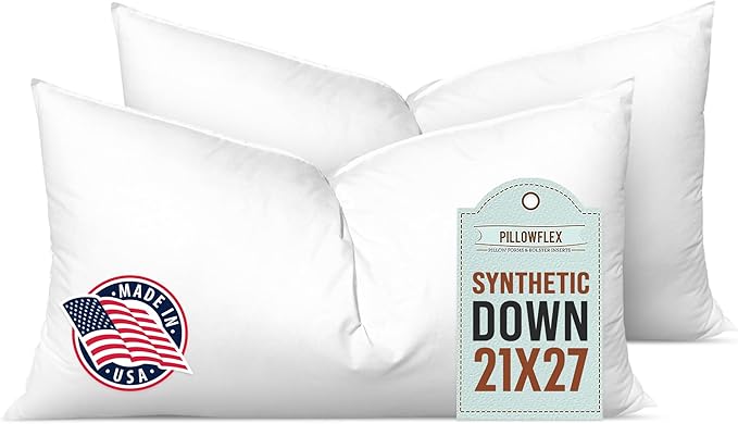 Pillowflex Synthetic Down Pillow Insert 21x27 in - Karate Chop Pillow | Set of 2 - Large Rectangle Sham Forms, Plush Polyester Cotton Blend, Cloud-Like Comfort, Clump-Resistant Fill, Smooth Finish