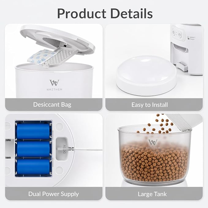Automatic Pet Feeder with App Control for Cats&Dogs | Dual Power Supply, 5G/2.4G WiFi, Desiccant Bag, Large Capacity, Precision Injection-Molded Construction