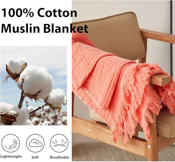 Simple&Opulence Cotton Muslin Throw Blanket for Bed, Couch, Knit Woven Gauze Blanket with Tassels, Soft Lightweight Cozy Pre-Washed Breathable Farmhouse Decoration for All-Season (Coral Red)