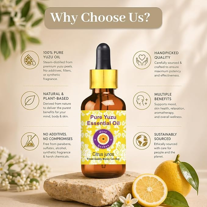 Deve Herbes Yuzu Oil (Citrus Junos) with Glass Dropper | Cold Pressed | Pure | Natural | Undiluted | For Diluting Essential oils | For Skin & Massage | Non-Sticky| Lightweight| Unisex | 15ml (0.50 oz)