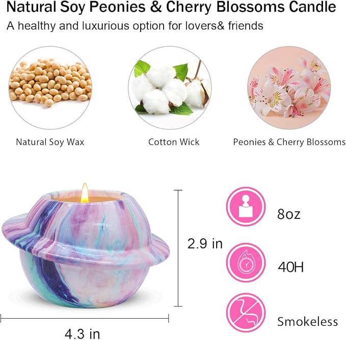 Premium Scented Candle - Peony and Cherry Blossoms, 8-Ounce jar, Pink Planet Ceramic, 100% Natural Soy, Non-Toxic, Ideal for Aromatherapy, Gifts, and Home Decor