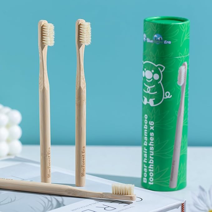 BlueForest Era Boar Bristles & Bamboo Toothbrush, Premium Boar Bristle Toothbrush for Adult, Plastic & Nylon Free, Eco-Friendly Natural Biodegradable Compostable Bamboo Tooth Brushes 6 Pack