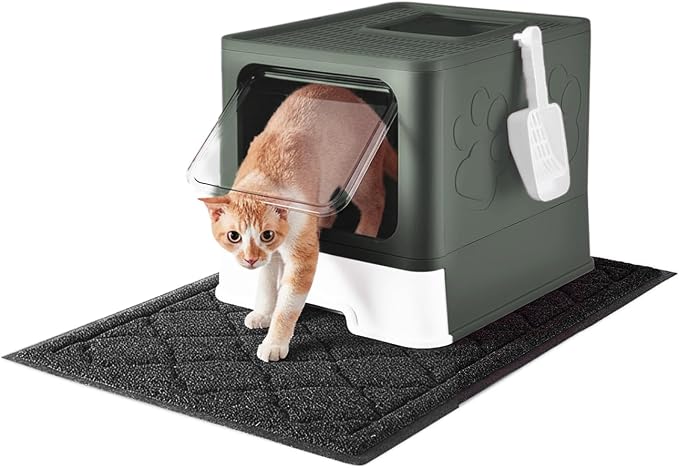 Cat Litter Box with X-Large Litter Mat and Scoop(Upgrade Olive Green) | Large Covered Litter Box with Lid, Enclosed Kitty Box,Front Top Entry Exit, Odor Control Easy to Clean
