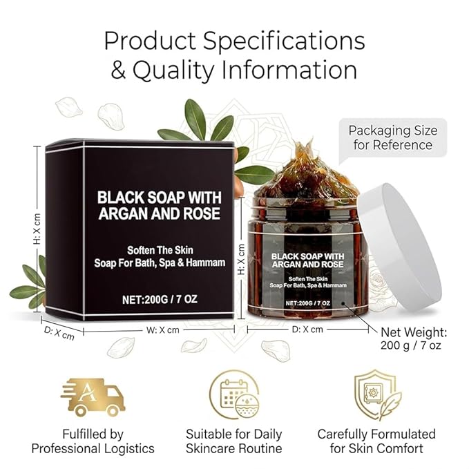 Moroccan Black Soap Hammam, Frosted Gloves, Exfoliating Body Cleanser, Argan Oil Nut Oil and Rose O il– Deep Cleansing, Softens Skin Highly Moisturize (1PCS Moroccan Body Care)
