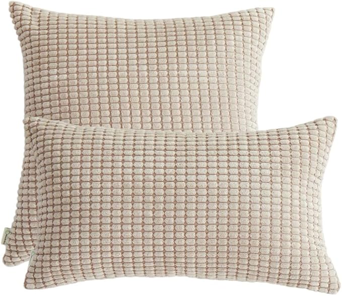 Pack of 2 Size bundel Polyester Blend Soft Hand Feeling Throw Pillows (with Insert) Size 18"x18" and 12"x20" one of Each (Beige)