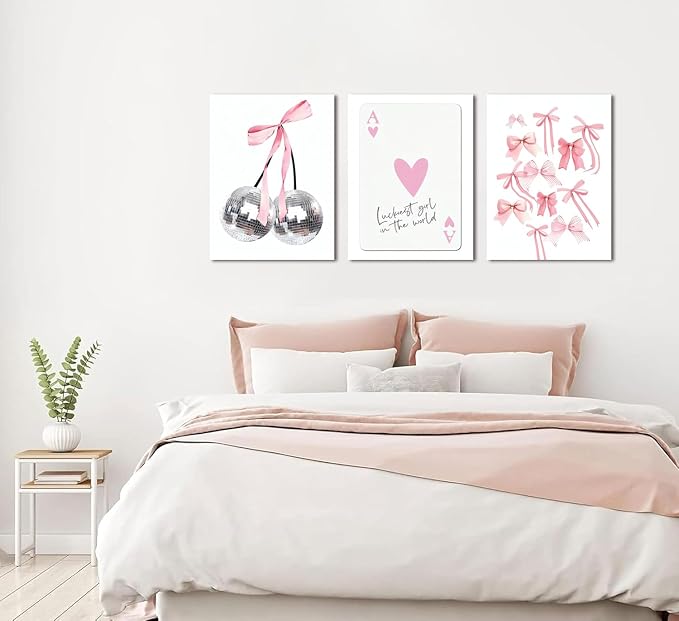 Trendy Pink Bows Wall Art Set of 3 Coquette Preppy Cherry Wall Decor Trendy Disco Ball Canvas Posters Prints Girly Aesthetic for College Apartment Living Room Bedroom Framed 12x16 In