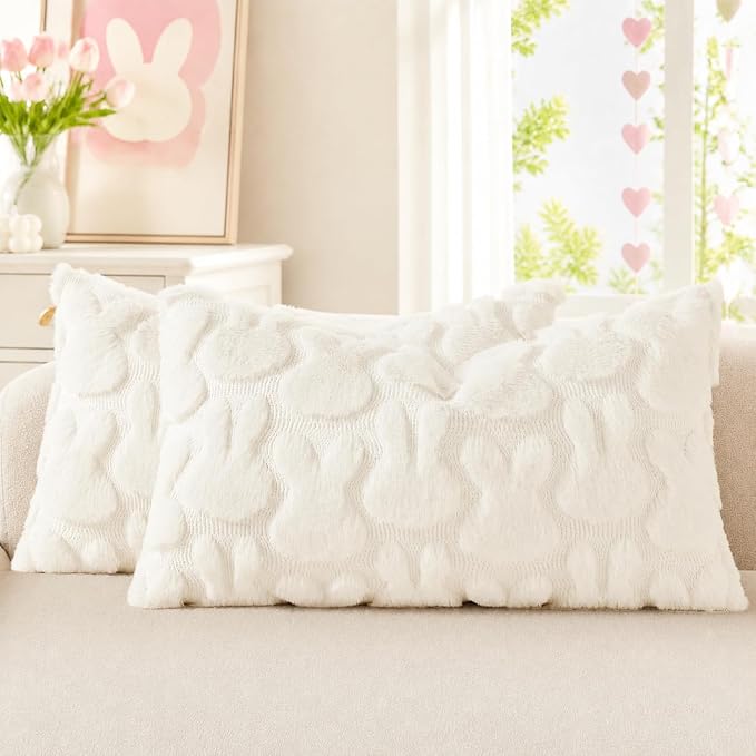 decorUhome Cream White Faux Fur Bunny Throw Pillow Covers 12x20 Set of 2 | Plush Soft Wool Jacquard Cream White Rabbit Cushion Covers, Modern Farmhouse Easter Holiday Decor PillowCases for Sofa Bed